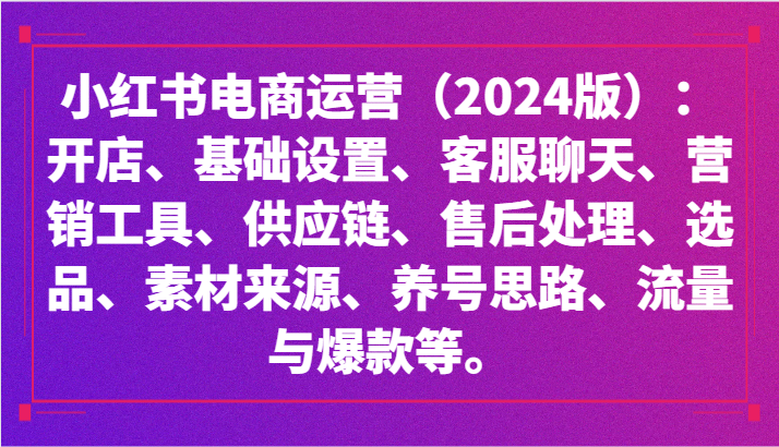 小红书电商运营（2024版）：开店、设置、供应链、选品、素材、养号、流量与爆款等_免费分享网络创业,副业,信息差项目的老牌资源整合平台！金铲子项目