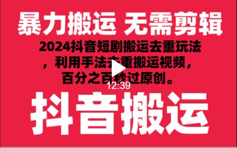 2024最新抖音搬运技术，抖音短剧视频去重，手法搬运，利用工具去重，秒过原创_免费分享网络创业,副业,信息差项目的老牌资源整合平台！金铲子项目