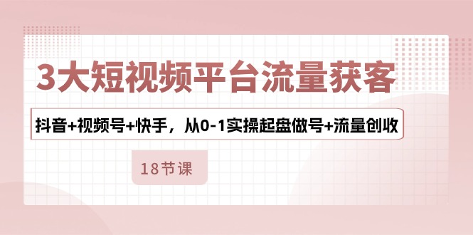 3大短视频平台流量获客，抖音视频号快手，从0-1实操起盘做号流量创收_免费分享网络创业,副业,信息差项目的老牌资源整合平台！金铲子项目
