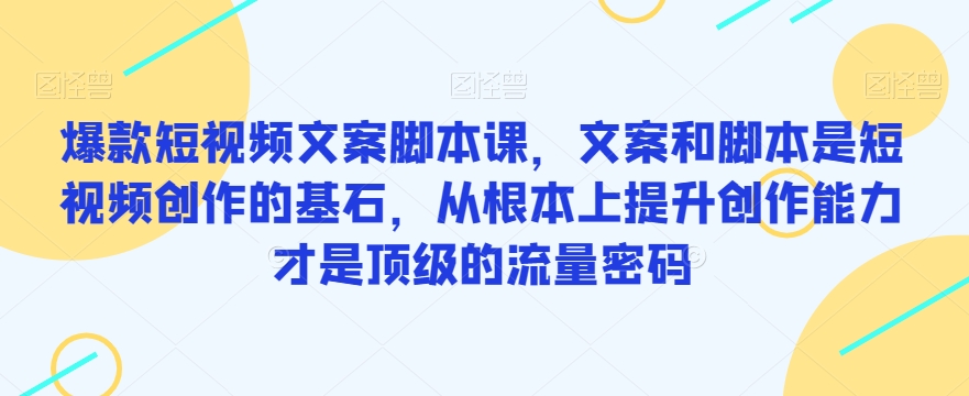 爆款短视频文案脚本课，文案和脚本是短视频创作的基石，从根本上提升创作能力才是顶级的流量密码_免费分享网络创业,副业,信息差项目的老牌资源整合平台！金铲子项目