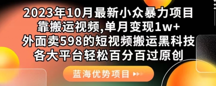 2023年10月最新小众暴力项目，靠搬运视频,单月，外面卖598的短视频搬运黑科技，各大平台百分百过原创_免费分享网络创业,副业,信息差项目的老牌资源整合平台！金铲子项目
