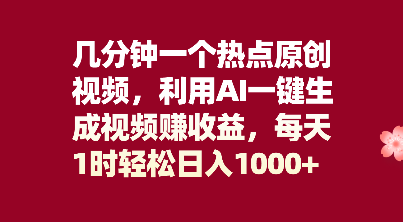 （8083期）几分钟一个热点原创视频，利用AI一键生成视频赚，每天1时_免费分享网络创业,副业,信息差项目的老牌资源整合平台！金铲子项目