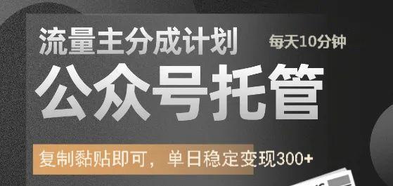 公众号托管计划-流量主分成计划，每天只需发布文章，单日稳定_免费分享网络创业,副业,信息差项目的老牌资源整合平台！金铲子项目