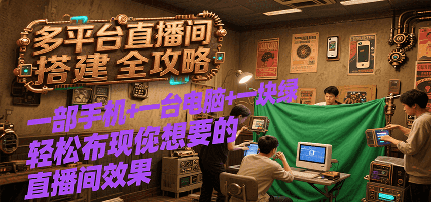 多平台直播间搭建全攻略，一部手机一台电脑一块绿布实现你想要的直播间效果_免费分享网络创业,副业,信息差项目的老牌资源整合平台！金铲子项目