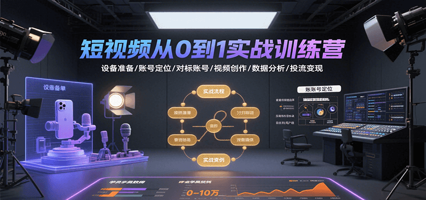 短视频从0到1实战训练营：设备准备/账号定位/对标账号/视频创作/数据分析/投流_免费分享网络创业,副业,信息差项目的老牌资源整合平台！金铲子项目