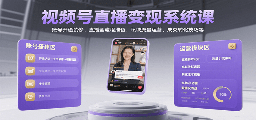 视频号直播系统课，账号开通装修、直播全流程准备、私域流量运营、成交转化技巧等_免费分享网络创业,副业,信息差项目的老牌资源整合平台！金铲子项目