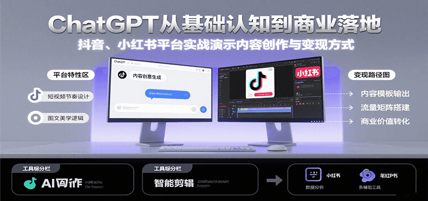 ChatGPT从基础认知到商业落地，实战演示抖音、小红书等平台的内容创作与_免费分享网络创业,副业,信息差项目的老牌资源整合平台！金铲子项目