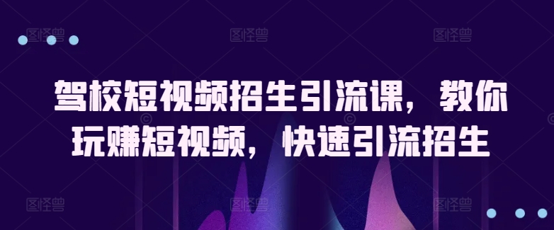 驾校短视频招生引流课，教你玩赚短视频，快速引流招生_免费分享网络创业,副业,信息差项目的老牌资源整合平台！金铲子项目