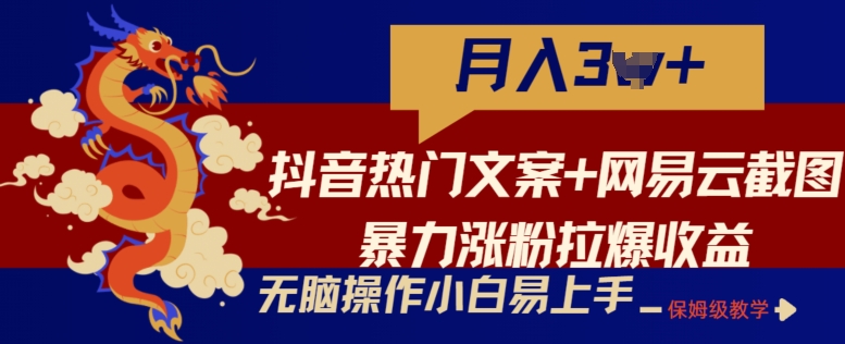 抖音热门文案网易云截图暴力涨粉拉爆玩法，小白无脑操作，简单易上手_免费分享网络创业,副业,信息差项目的老牌资源整合平台！金铲子项目