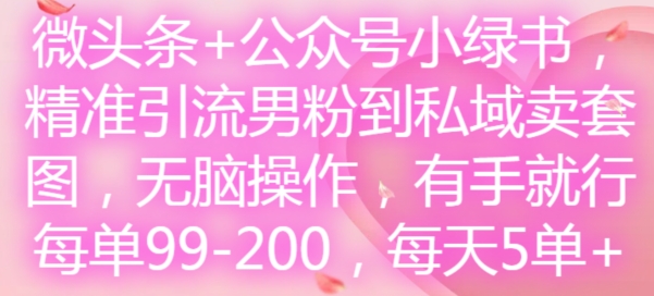 微头条公众号小绿书，精准引流男粉到私域卖套图，无脑操作，有手就行，每单99-200，每天5单_免费分享网络创业,副业,信息差项目的老牌资源整合平台！金铲子项目