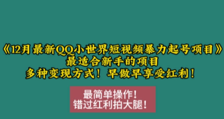 12月最新QQ小世界短视频暴力起号项目，最适合新手的项目，多种方式_免费分享网络创业,副业,信息差项目的老牌资源整合平台！金铲子项目