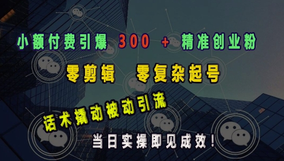 小额付费引爆300精准创业粉，零剪辑、零复杂起号，话术撬动被动引流，当日实操即见成效_免费分享网络创业,副业,信息差项目的老牌资源整合平台！金铲子项目