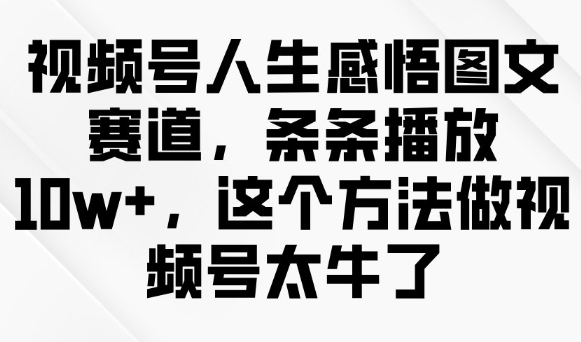 视频号人生感悟图文赛道，条条播放，这个方法做视频号太牛了_免费分享网络创业,副业,信息差项目的老牌资源整合平台！金铲子项目