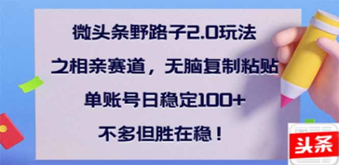 （14334期）微头条野路子2.0玩法之相亲赛道，无脑搬砖复制粘贴，单账号日稳定…_免费分享网络创业,副业,信息差项目的老牌资源整合平台！金铲子项目