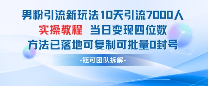 男粉引流新玩法10天引流7000人当日四位数可复制可批量0封号_免费分享网络创业,副业,信息差项目的老牌资源整合平台！金铲子项目
