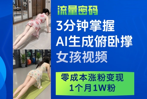 3分钟掌握AI生成俯卧撑女孩视频，涨粉，1个月粉_免费分享网络创业,副业,信息差项目的老牌资源整合平台！金铲子项目