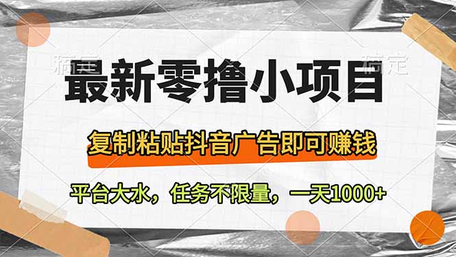 （14230期）最新零撸小项目，复制粘贴抖音广告即可赚钱，平台大水，任务不限量，一…_免费分享网络创业,副业,信息差项目的老牌资源整合平台！金铲子项目