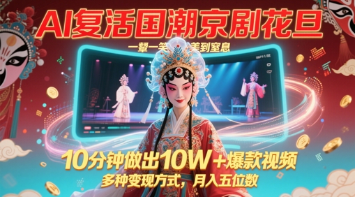 AI复活国潮京剧花旦，一颦一笑美到窒息，10分钟做出爆款视频，多种方式，五位数_免费分享网络创业,副业,信息差项目的老牌资源整合平台！金铲子项目