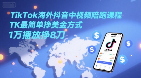 TikTok海外抖音中视频陪跑课程，TK最简单挣美金方式，1万播放挣8刀_免费分享网络创业,副业,信息差项目的老牌资源整合平台！金铲子项目