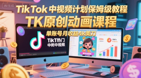 TikTok中视频计划保姆级教程，TK原创动画课程，单账号月美刀_免费分享网络创业,副业,信息差项目的老牌资源整合平台！金铲子项目