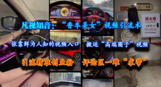 凡视知音：“香车美女”视频引流术，依靠鲜为人知的视频入口，搬运“高端圈子”视频，引流精准创业粉，评论区一堆“求带”_免费分享网络创业,副业,信息差项目的老牌资源整合平台！金铲子项目