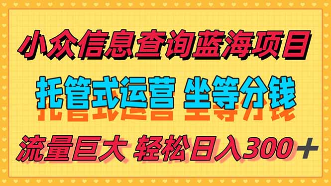 （15216期）稳定，小众信息查询蓝海项目，全程懒人式托管，解放你的时间_免费分享网络创业,副业,信息差项目的老牌资源整合平台！金铲子项目