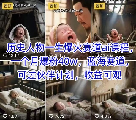 历史人物一生爆火赛道ai课程，一个月爆粉40w，蓝海赛道，可过伙伴计划，可观_免费分享网络创业,副业,信息差项目的老牌资源整合平台！金铲子项目