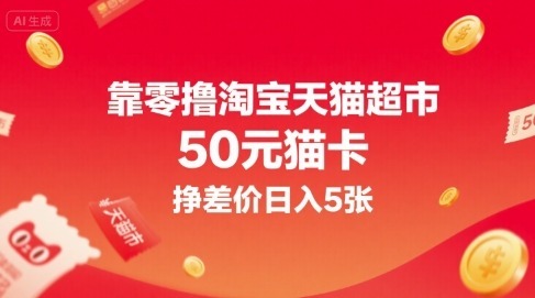 靠零撸淘宝天猫超市50元猫卡，挣差价_免费分享网络创业,副业,信息差项目的老牌资源整合平台！金铲子项目