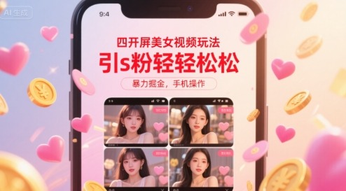 四开屏美女视频玩法，引s粉，暴力掘金，手机操作_免费分享网络创业,副业,信息差项目的老牌资源整合平台！金铲子项目