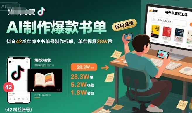 AI制作爆款书单，抖音42粉丝博主书单号制作拆解，单条视频2赞_免费分享网络创业,副业,信息差项目的老牌资源整合平台！金铲子项目
