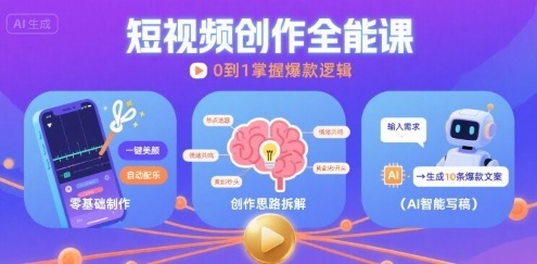 短视频创作课，短视频制作、创作思路、Ai写爆款文案_免费分享网络创业,副业,信息差项目的老牌资源整合平台！金铲子项目