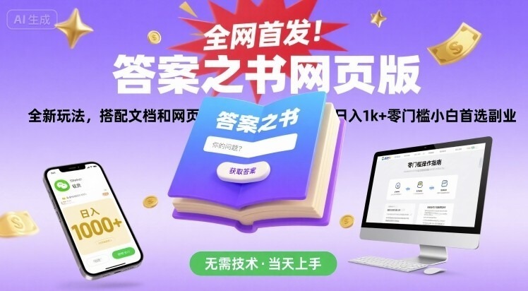 全网首发答案之书网页版，全新玩法，搭配文档和网页，零门槛小白首选副业_免费分享网络创业,副业,信息差项目的老牌资源整合平台！金铲子项目