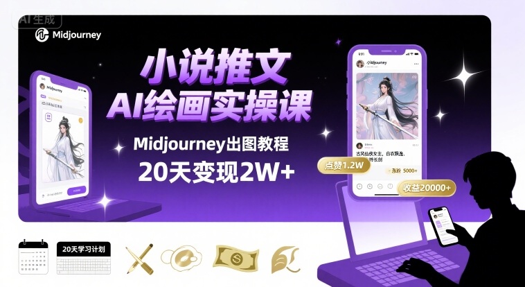 小说推文干货分享之AI绘画MJ出图实操课，用Midjourney做小说推文，20天挣2w_免费分享网络创业,副业,信息差项目的老牌资源整合平台！金铲子项目