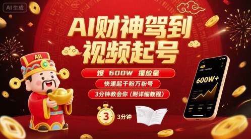 AI财神驾到视频起号，爆600W播放量，快速起千粉万粉号，3分钟教会你(附详细教程)_免费分享网络创业,副业,信息差项目的老牌资源整合平台！金铲子项目