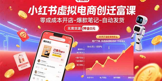 （15749期）小红书虚拟电商创富课：开店/爆款笔记/自动发货,30天打造被动_免费分享网络创业,副业,信息差项目的老牌资源整合平台！金铲子项目