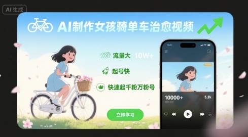 AI制作女孩骑单车治愈视频，流量大，起号快，快速起千粉万粉号_免费分享网络创业,副业,信息差项目的老牌资源整合平台！金铲子项目
