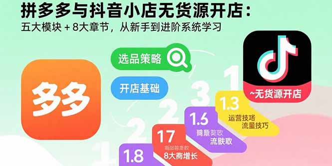 （15805期）拼多多与抖音小店无货源开店：五大模块8大章节，从新手到进阶系统学习_免费分享网络创业,副业,信息差项目的老牌资源整合平台！金铲子项目