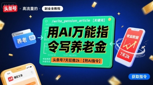用AI万能指令写养老金，头条号7天狂撸【附AI指令】_免费分享网络创业,副业,信息差项目的老牌资源整合平台！金铲子项目