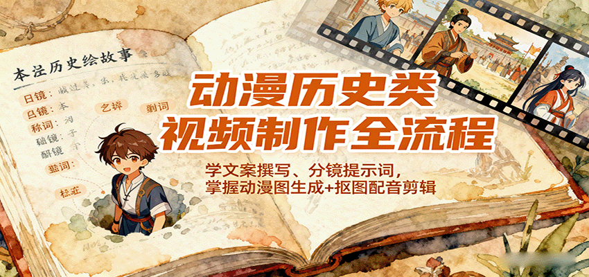 动漫历史类视频制作全流程，学文案撰写、分镜提示词，掌握动漫图生成+抠图配音剪辑_免费分享网络创业,副业,信息差项目的老牌资源整合平台！金铲子项目