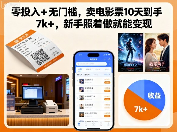零投入+无门槛，卖电影票10天到手7k+，新手照着做就能变现_免费分享网络创业,副业,信息差项目的老牌资源整合平台！金铲子项目