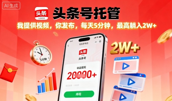【头条号托管】我提供视频，你发布，每天5分钟，最高躺入2W+_免费分享网络创业,副业,信息差项目的老牌资源整合平台！金铲子项目