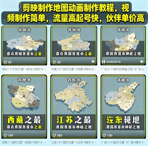 剪映制作地图动画制作教程，视频制作简单，流量高起号快，伙伴单价高_免费分享网络创业,副业,信息差项目的老牌资源整合平台！金铲子项目