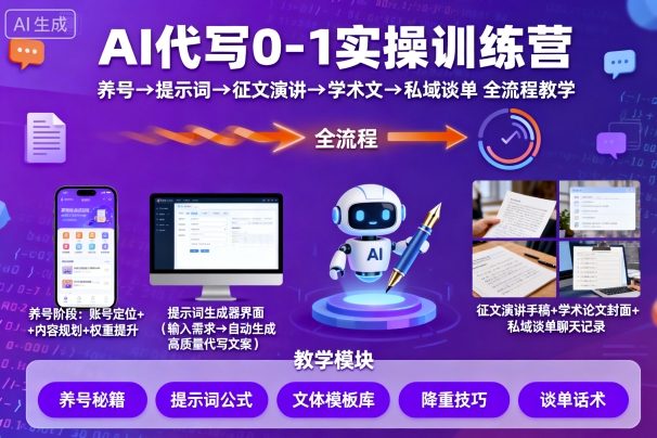AI代写0-1实操训练营，从养号、提示词、征文演讲、学术文，到私域谈单的全流程教学_免费分享网络创业,副业,信息差项目的老牌资源整合平台！金铲子项目