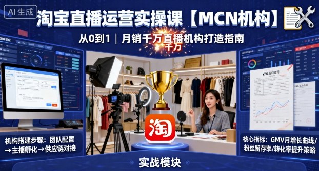 淘宝直播运营实操课【MCN机构】，从0到1做一家月销千W的直播机构_免费分享网络创业,副业,信息差项目的老牌资源整合平台！金铲子项目