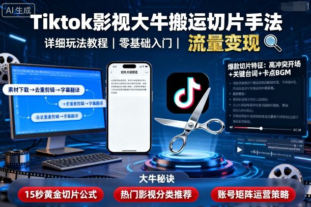 Tiktok影视大牛搬运切片手法，详细玩法教程_免费分享网络创业,副业,信息差项目的老牌资源整合平台！金铲子项目