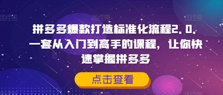 拼多多爆款打造标准化流程2.0，一套从入门到高手的课程，让你快速掌握拼多多_免费分享网络创业,副业,信息差项目的老牌资源整合平台！金铲子项目