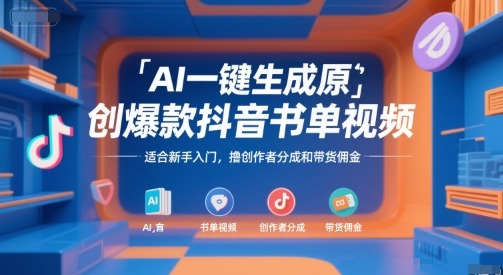 AI一键生成原创爆款抖音书单视频，适合新手入门，撸创作者分成和带货佣金_免费分享网络创业,副业,信息差项目的老牌资源整合平台！金铲子项目